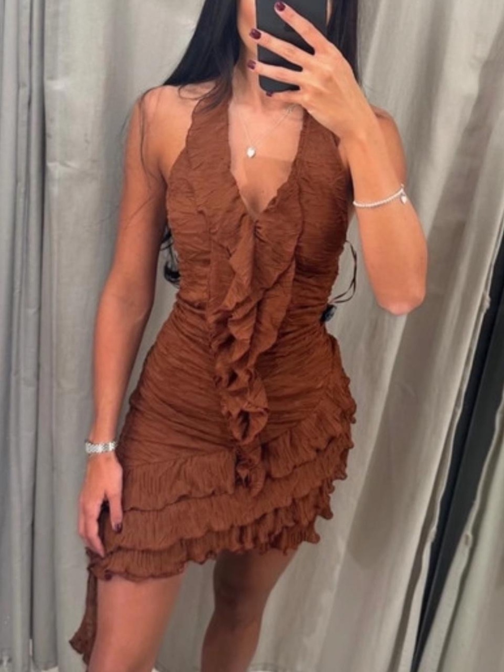 Zara Brown Asymmetric Ruffle Dress